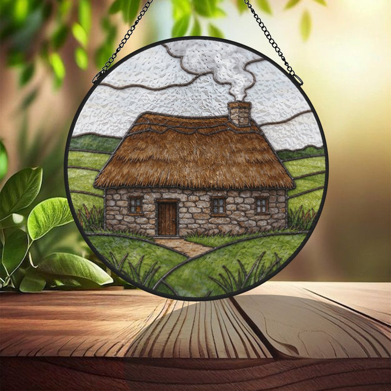 Vitrail Cabin_1 panneaux vitrail Suncatcher pour décor de fenêtre, 7.8x7.8in(20x20cm)