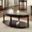 Table basse transitionnelle cerise foncée pour salon, plateau en verre biseauté avec tablette de rangement ouverte