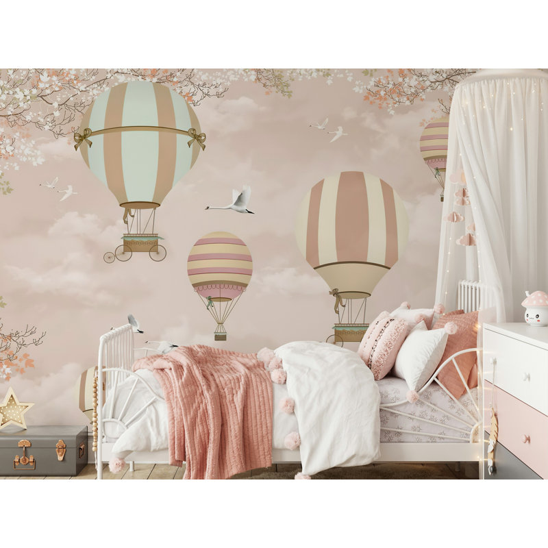 Papier peint amovible en forme de montgolfière rose pour enfants, L 114 po x l 204 po