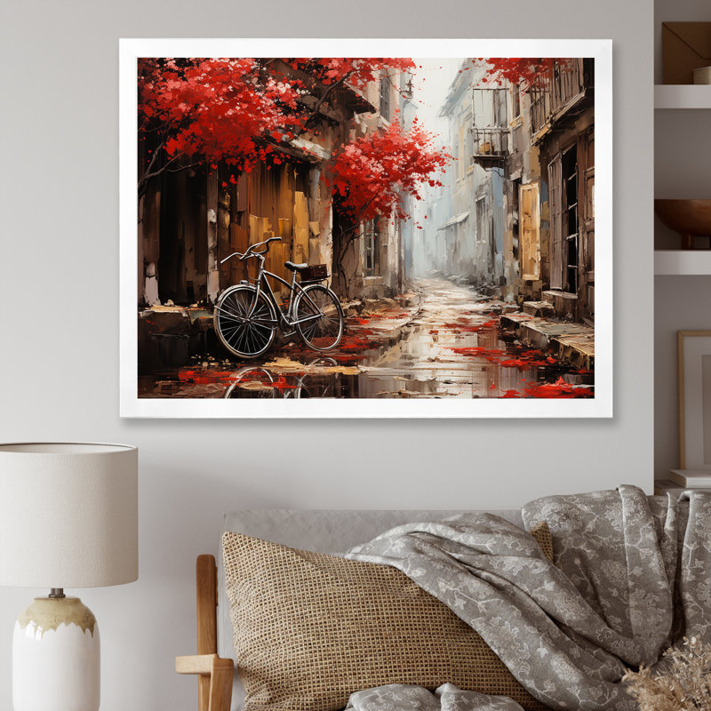 Crimson Ride Red Flowers I - Art mural de bicyclette pour le salon, H 34 po x l 44 po x P 1,5 po, Cadre photo blanc