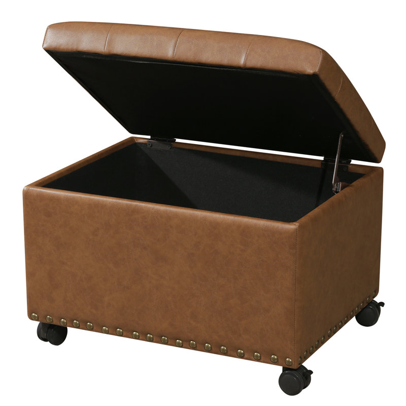 Repose-pieds de rangement en similicuir de 24 po avec roulettes pour le salon, Brun