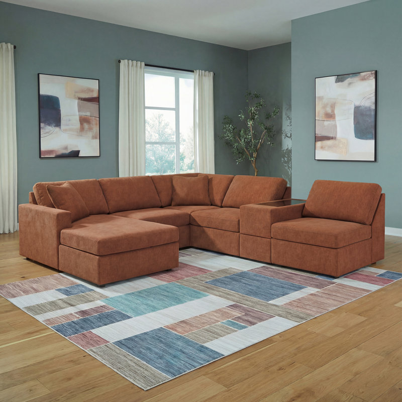 Canapé modulaire 6 pièces avec méridienne et console de rangement Chobanyan, Polyester brun, Face à la gauche