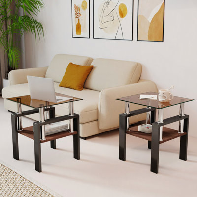 Ensemble de 2 tables à thé modernes en verre trempé, plateau en verre trempé avec panneau de fibres à densité moyenne, table basse, table de bout, table carrée pour le salon
