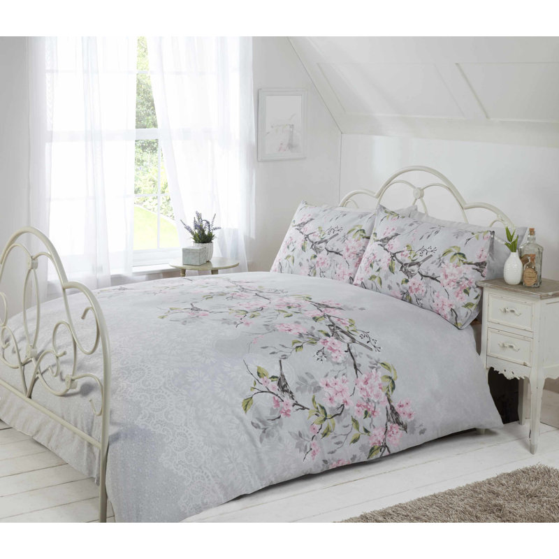 Brody Cotton Blend Floral Duvet Cover with Pillowcases Included, Double Duvet Cover + 2 Standard Pillowcases, Grey