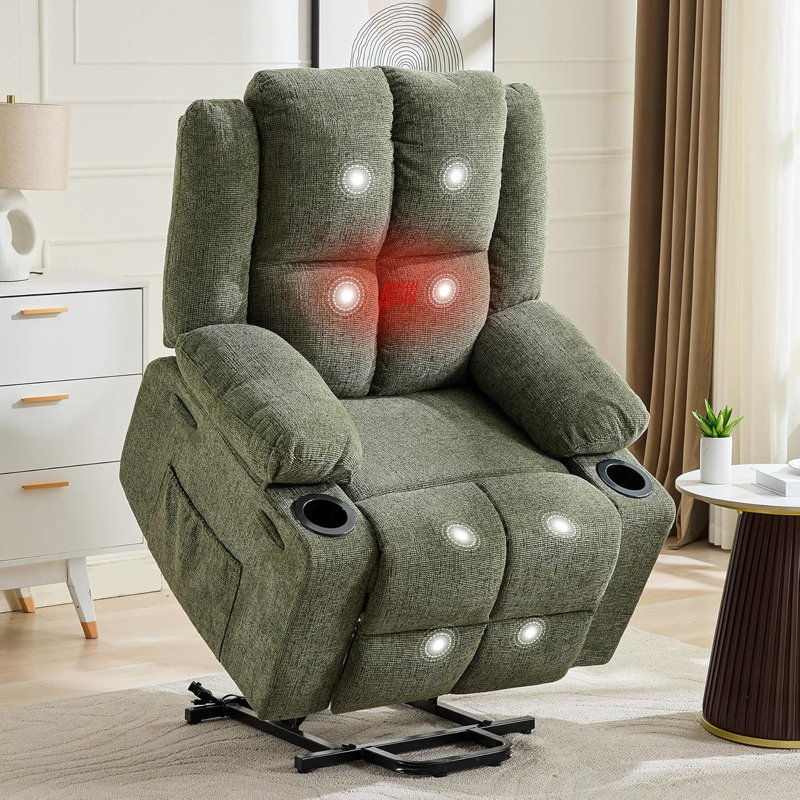 Power Lift Recliner Chair with Massage & Heat, Dual Motor Oversized, Steel Frame & Soft Fabric, 350lb Capacity, Green Linen