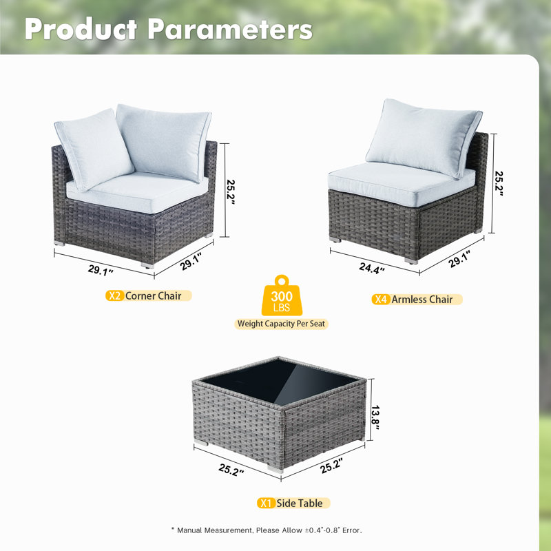 Lava 7 Piece Rattan Sectional Seating Group With Cushions, Light Grey