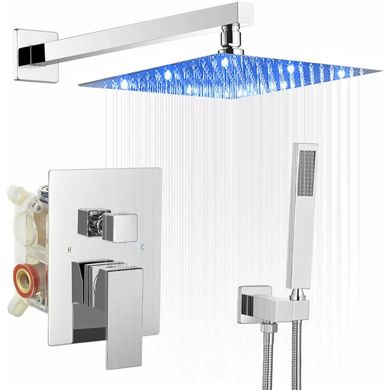 Système de robinet de douche à DEL avec douchette carrée 12 po avec robinet mélangeur chromé