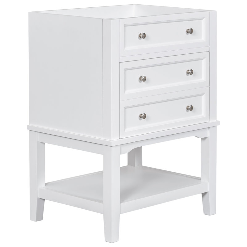 Meuble-lavabo 24 po sans lavabo, base seulement, structure en bois massif, armoire de rangement avec tiroir et tablette ouverte, blanc