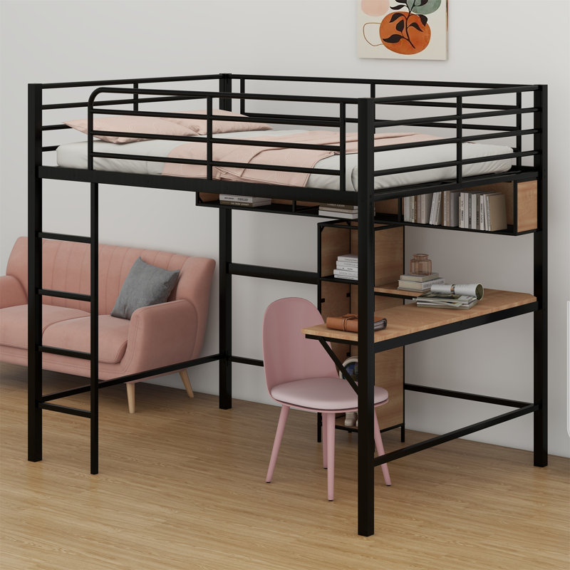 Lit mezzanine avec bureau en L et tablettes