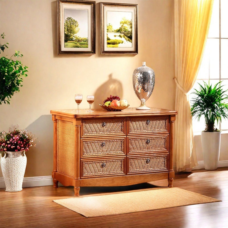 Beech Wood Storage Cabinet with Six Rattan Drawers