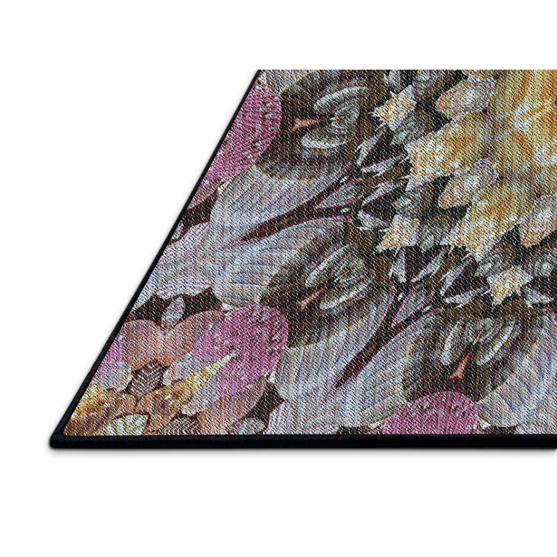 Laine tissée à la machine abstraite et polyester jaune/rose/brun Tapis décoratif, Rectangle 7 pi x 10 pi