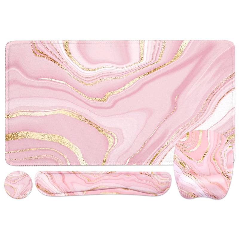 Keyboard Wrist Rest Large Mouse Pad Wrist Support For Computer, 4 In 1 Memory Foam Keyboard Pad Desk Mat Ergonomic Hand Rest Wrist Cushion For Home Office Gaming - Pink Marble