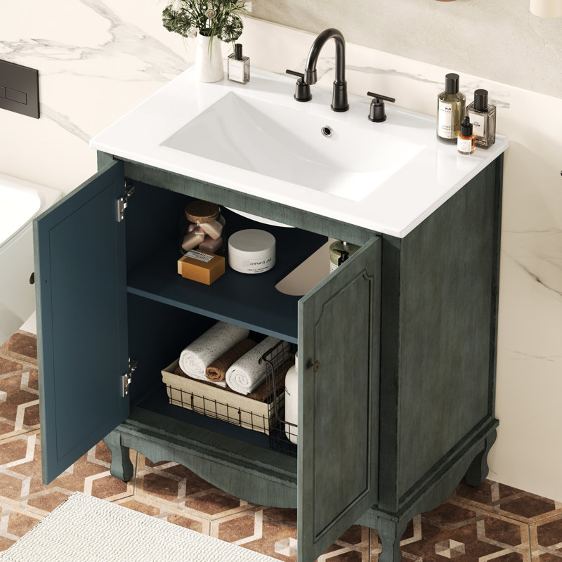 Meuble-lavabo de salle de bain avec pieds en bois d'hévéa de 1,9 po - Armoire rétro bleue antique 30 po