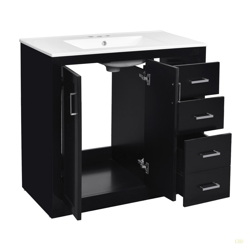 Ensemble de meuble-lavabo 36 po avec lavabo en céramique, armoire de rangement en bois massif, ensemble de meuble-lavabo autoportant avec 3 tiroirs et portes à fermeture douce