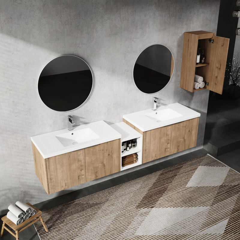 Meuble-lavabo Fionn avec lavabo et armoire latérale Fionn. Apparence moderne, silencieuse. Fabrication en contreplaqué, grande capacité de rangement. Coloration imitation chêne 60 po avec tablette. Style, charnières.