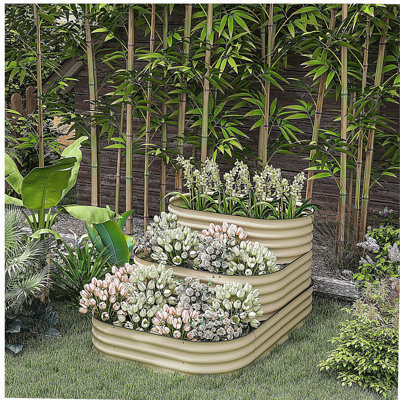 Outsunny 3-Tier Galvanized Steel Raised Garden Bed Kit, 62.25" x 43" x 32.25", 3 Combining Planter Boxes with Rubber Strip Edging, Open Bottom for Backyard, Garden, Patio, Cream White