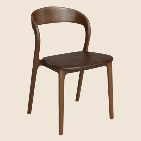 Modern dark wood dining chair with a curved backrest and solid wood seat.