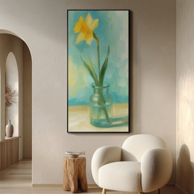 Extra Large Wall Art Fabric Print - Floral Still Life Yellow Daffodil Blossom in Glass Vase Artwork Decor for Living Room or Bedroom - "Frame Assembly Required (Unfinished Frame)"