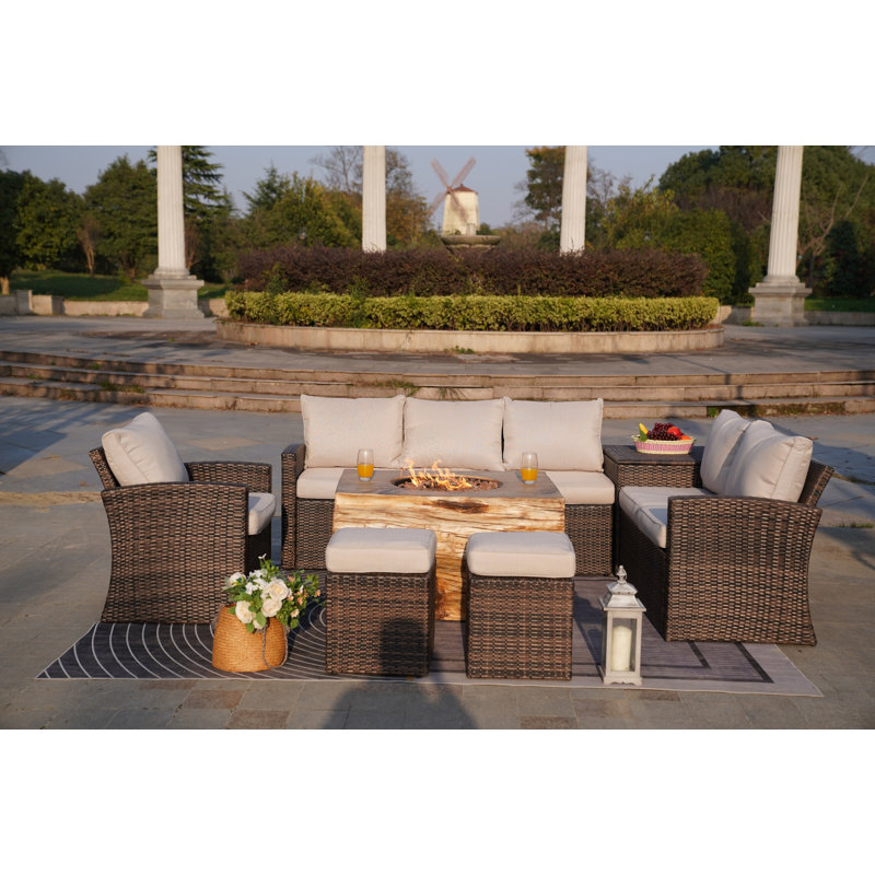 Small Firepit With 1403B Wicker 8 - Person Patio Conversation Set with Cushions