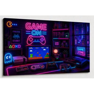 Grande console de jeu rétro au néon, art mural, console de bureau, impression sur toile, jeu de technologie coloré, 24 x 36 pouces, prêt à être accroché