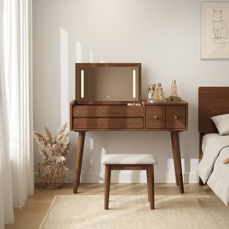 Meuble-lavabo en bois massif avec miroir et lumières Anita, Brun