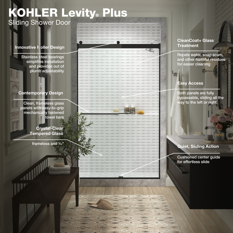 Levity Plus Less Sliding Shower Door, 77-9/16 In. H X 44-5/8 - 47-5/8 In. W, With 5/16 In.-Thick Crystal Clear Glass, Black