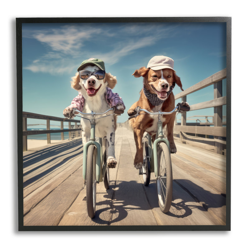 «Funny Bike Riding Dogs» par Ray Powers, reproduction d'art sur toile, Giclée encadrée noir minuit, H 24 po x l 24 po