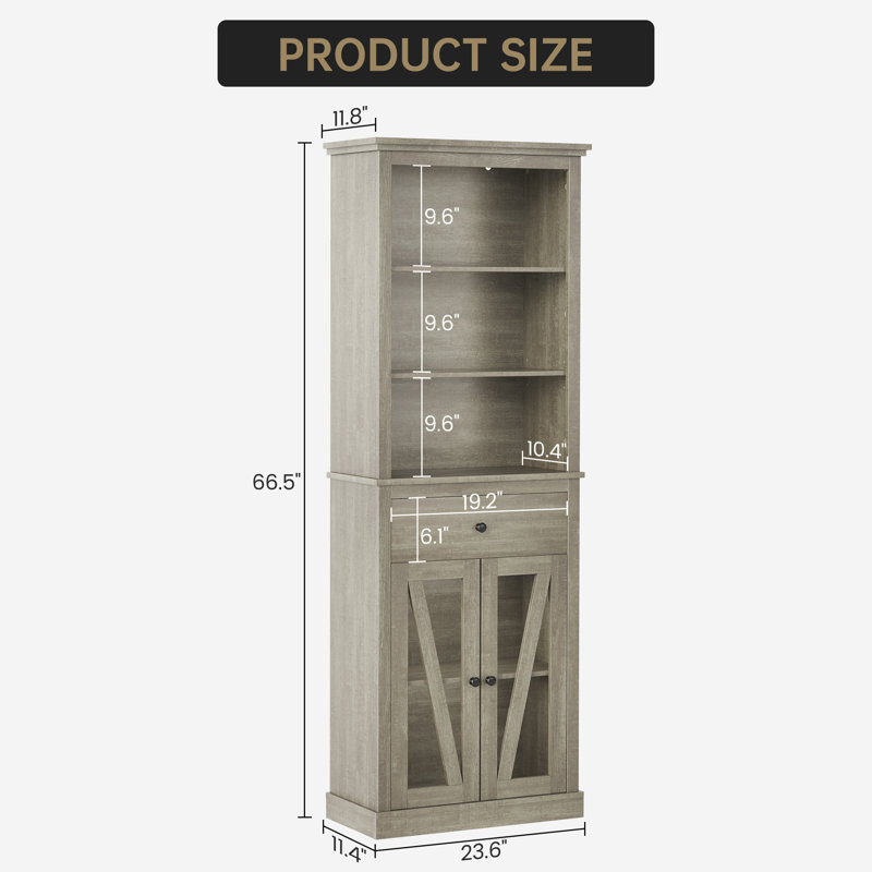 66.5'' Farmhouse Tall Storage Cabinet, Slim 5-Tier Wooden Bookcase with 2 Glass Doors & Drawer, Multi-Purpose Pantry Organizer for Kitchen, Living Room, Entryway, Grey Wood Cabinet