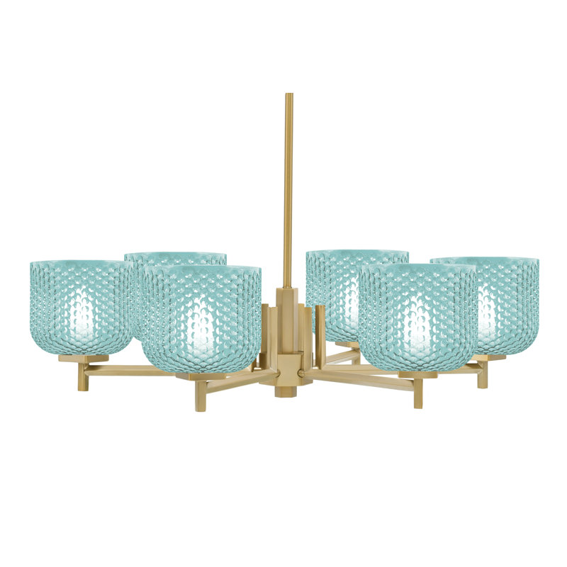 Lustre 6 lumières Finola illustré avec verre texturé turquoise 6 po, Bleu sarcelle, Laiton New Age
