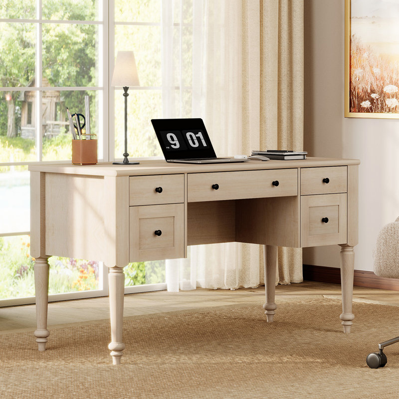 Ensemble de bureau 2 pièces comprenant bureau de direction et grande table d'appoint, bureau d'écriture de ferme avec station de charge, table de bout en bois avec armoire de rangement pour bureau, beige