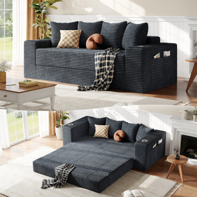77" Corduroy Boneless Convertible Sofa Bed with Cup Holders and Side Pockets,Gray