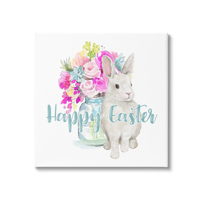 Joyeuses Pâques, calligraphie de lapin, bouquet de fleurs roses, estampe numérique encadrée de Jennifer Wambach, Toile tendue