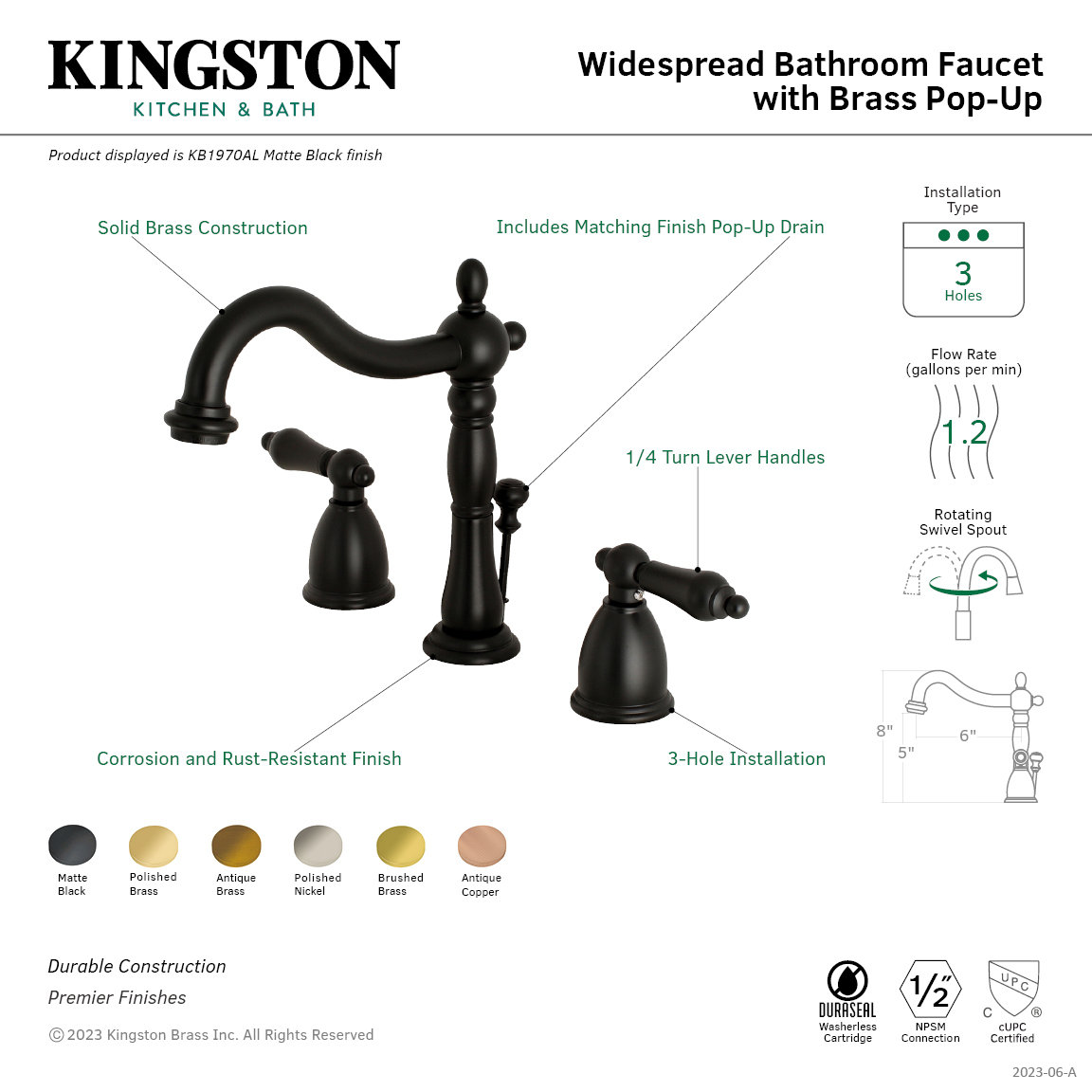 Heritage 3-Hole Widespread Faucet with Drain, Vintage Brass