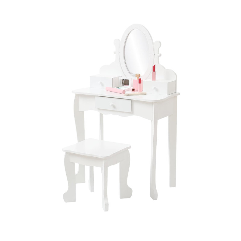 Ensemble de coiffeuse pour enfants avec miroir et tabouret réglables, ensemble de coiffeuse pour tout-petits en bois avec tiroirs, coiffeuse de maquillage pour petites filles
