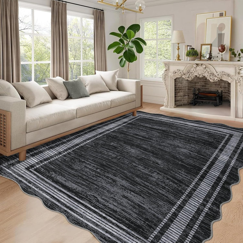 Scalloped 4x6 Area Rug Washable, Modern Pearl Velvet Living Room Carpet with Non-Slip Backing & Low Pile, Rectangle 4' x 6'