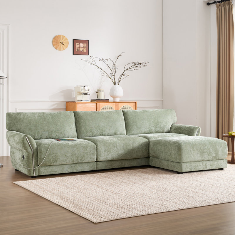 110" Modular Sectional Sofa, L-Shape With Extra-Wide Seat Cushion, USB And Type-C Charger, Petal Armrest Design, High Density Foam, Free Movement Ottoman, Wood Frame, Chenille, 4 Seat, 3 Colors