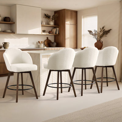 Tabourets de comptoir et de bar rembourrés 27 "avec grand siège, chaises de îlot de cuisine pivotantes à 360 ° avec pieds en bois massif, sherpa blanc