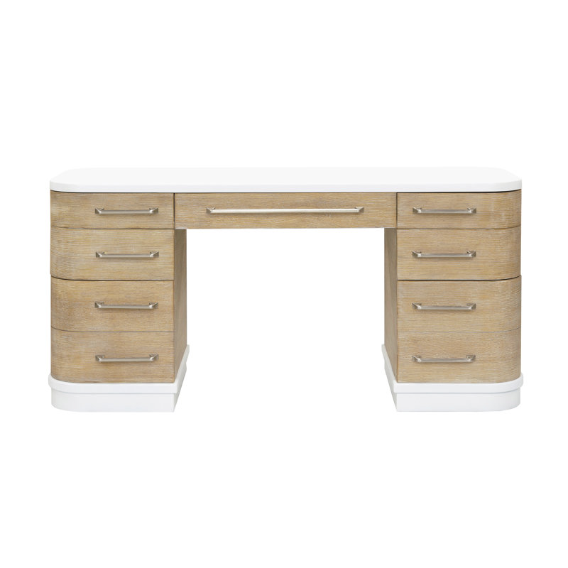 Two-Toned White and Natural Wood 7-Drawer Home Office Desk