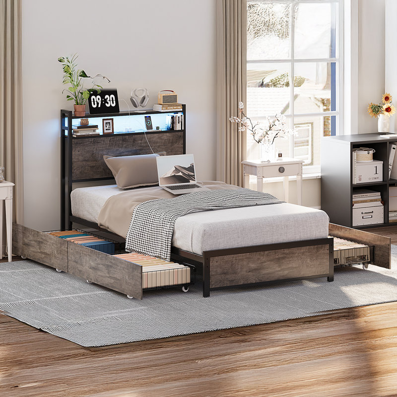 Bed Frame With 2-Tier Storage Headboard, Metal Platform Bed Frame With 4 Storage Drawers, Built In Charging Station And LED, Metal Support/No Box Spring Needed, Gray