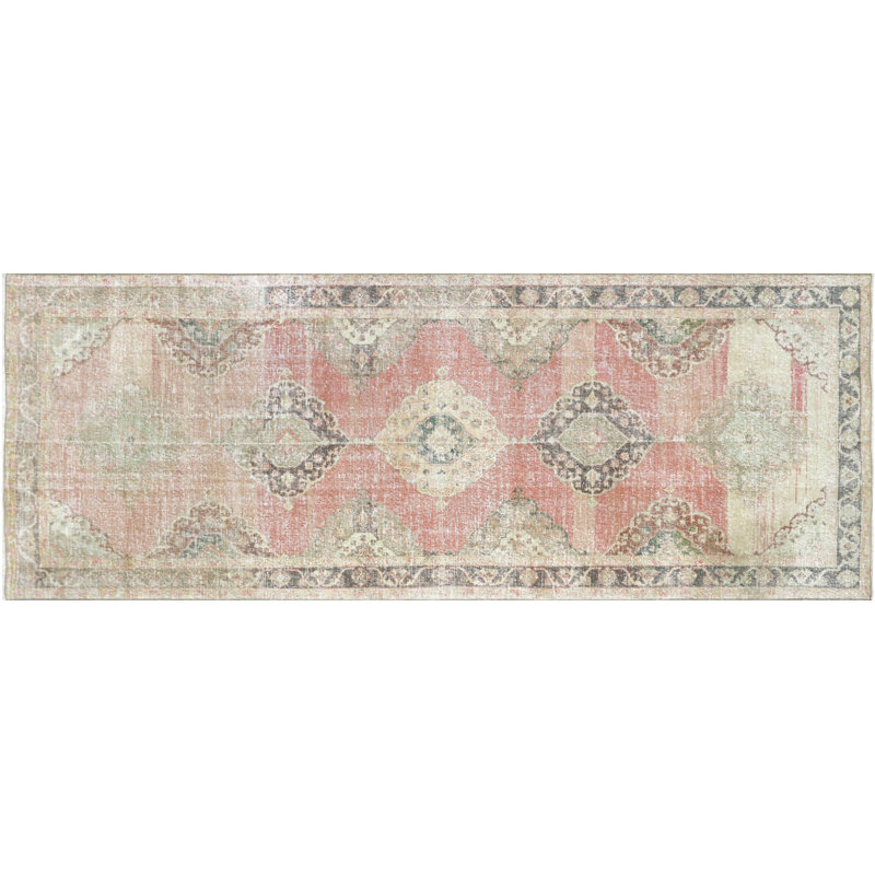 Tapis de couloir unique en laine noué à la main des années 1960 de 4 pi 8 po x 12 pi 4 po en rouge / gris / beige