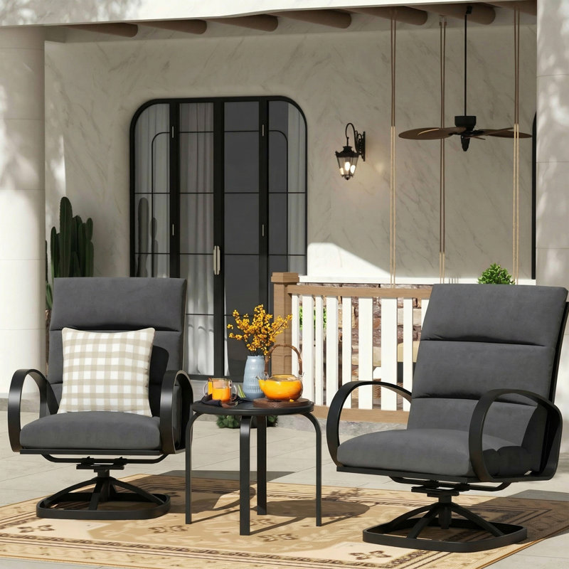 3 Piece Seating Group, Swivel Rocking Chair with 5" Olefin Cushions, Dark Gray Cushion/Black Frame, 3 Pcs: Table, 2 Chairs
