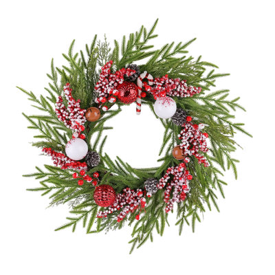 Couronne de Noël artificielle de 21,65 pouces, couronne de porte d'entrée avec boules de Noël, cannes de bonbon, clochettes, baies et pommes de pin pour décoration murale des Fêtes