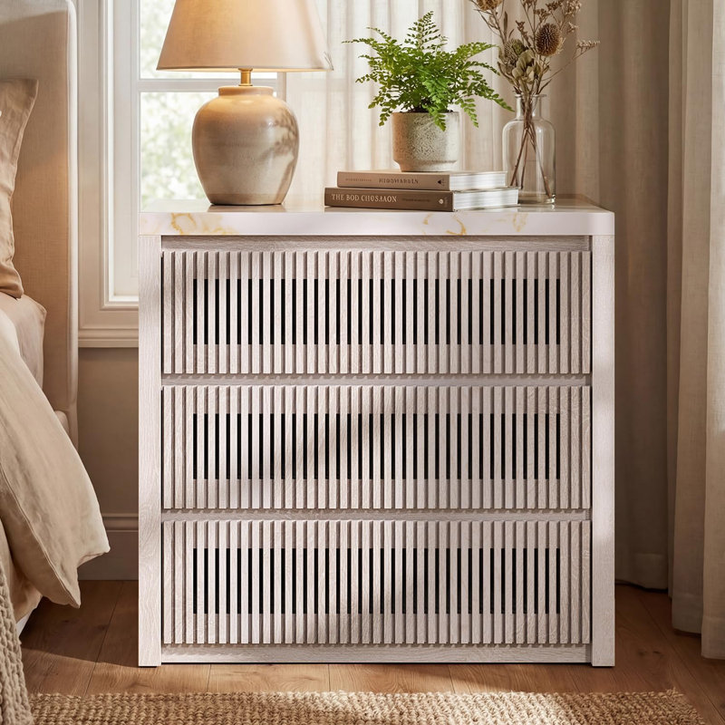 3-Drawer Nightstand with Faux Marble Print Top, Modern Wood End Table with Storage Drawers for Bedroom, Living Room, White