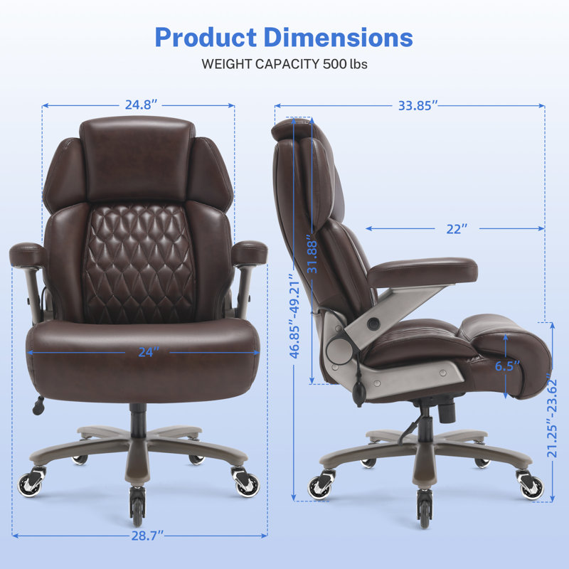 Mikial 500lbs Big and Tall Executive Office Chair - Breathable Leather, 3D Arms, & Air-Compressed Lumbar Support, Brown
