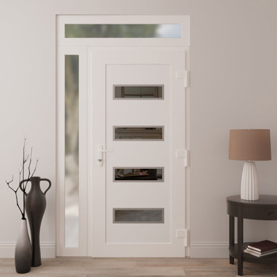Porte d'entrée extérieure prémontée en PVC-U, finition métal-plastique, Manux 8113, blanc soyeux, avec imposte et panneaux latéraux, pour bureaux, commerces et habitations. Convient aux portes d'entrée, patios et garages. Dimensions : 48 x 94 po (L 36 + 12 po x H 80 + 14 po). Ouverture à gauche vers l'intérieur.