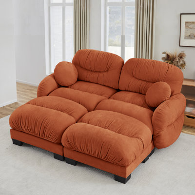 82" -Shape Modular Pleated Design Sectional Sofa with 2 Ottomans 2 Throw Pillows and Chenille Fabric