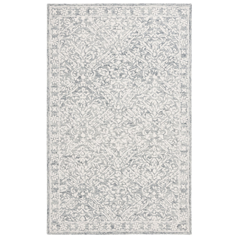Ivory and Gray Round Tufted Wool Trellis Rug