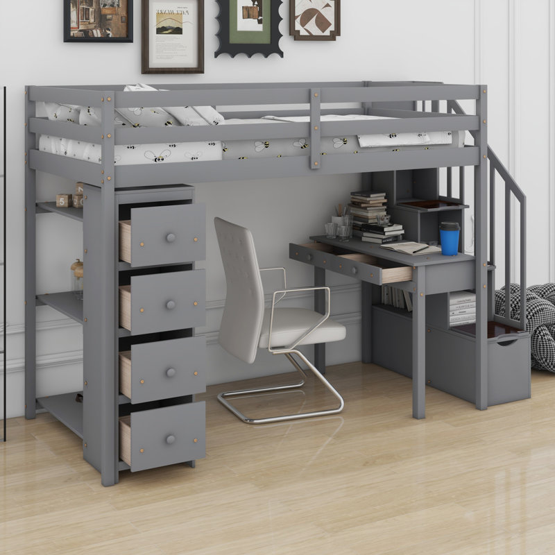 Lit mezzanine avec tiroirs de rangement, bureau et escalier, lit mezzanine en bois avec tablettes, Gris