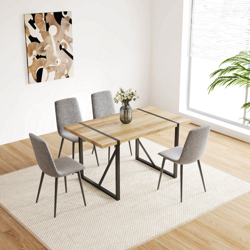 Ensemble de salle à manger 5 pièces Mid Century: table en bois aggloméré de 55 po et 4 chaises en lin, base et pieds en métal