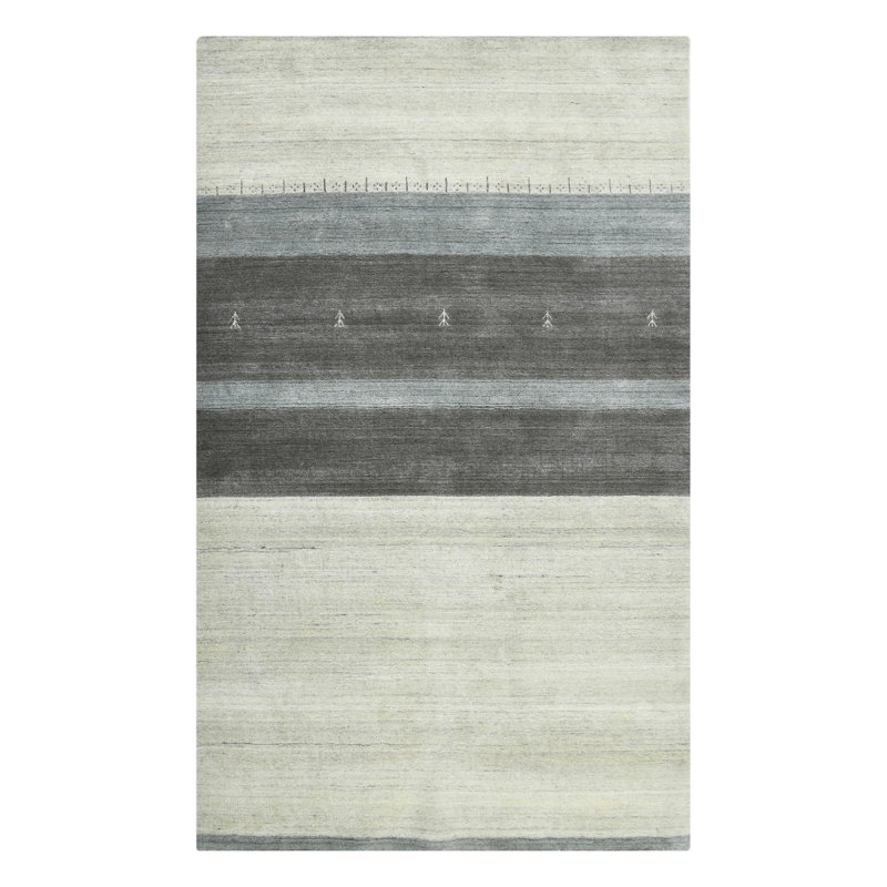 Tapis rayé en laine gris et vert ivoire 4 pi x 6 pi